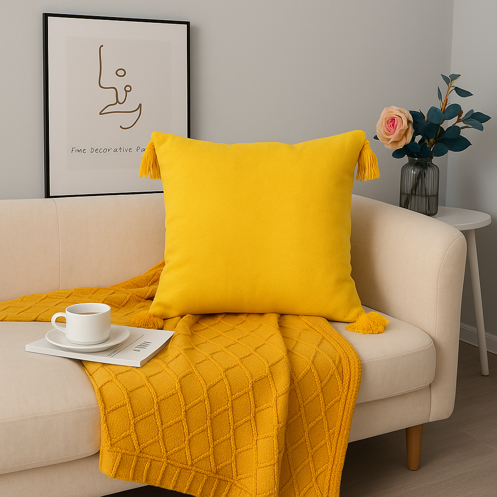 Funda De Cojín 45x45 Cm Amarillo Con Borlas Decorativas 615-2