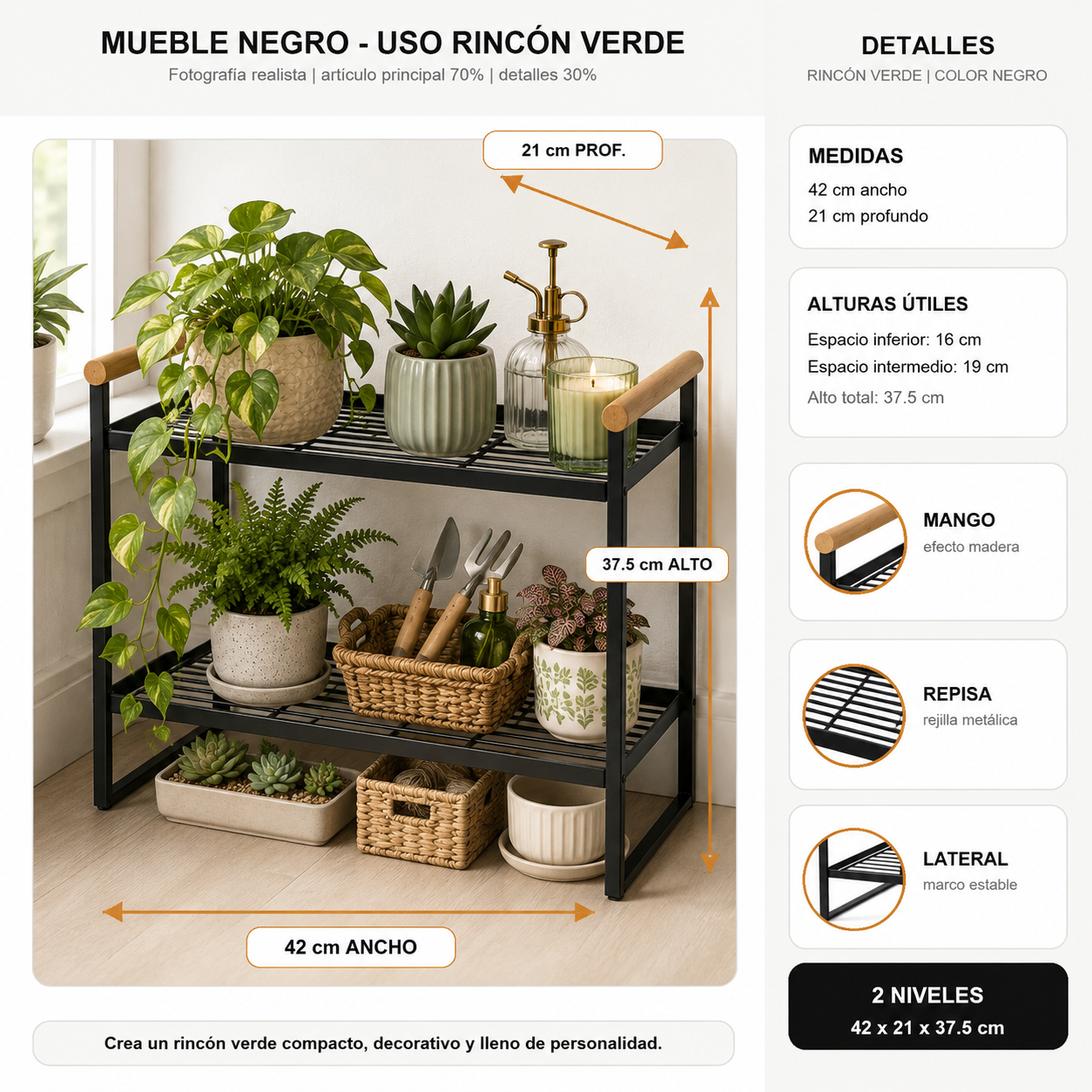 Organizador de Hall Hogar 2 niveles Metalico Negro 125-3