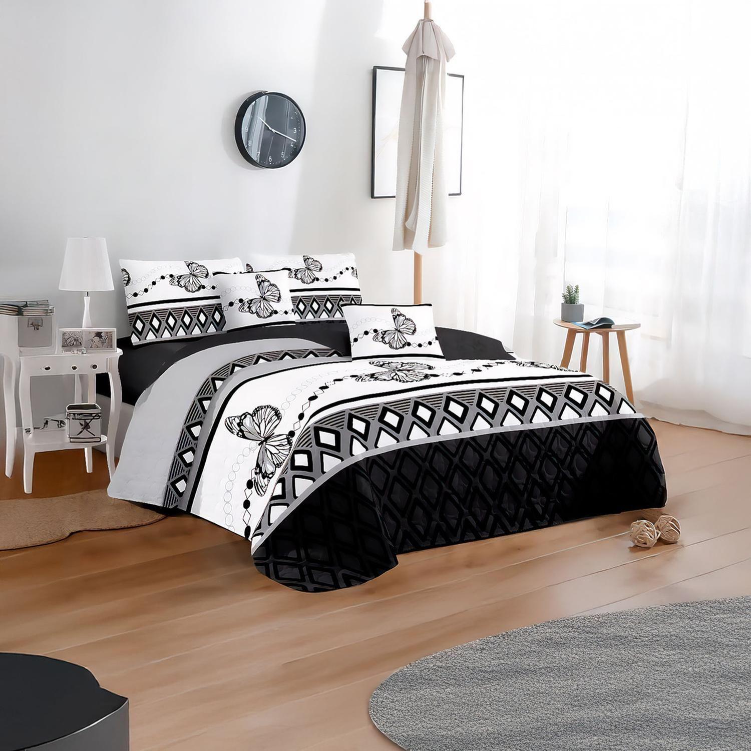 Cubre Cama King Quilt 2.5 Plaza Estampado Mariposas Gris 656-2