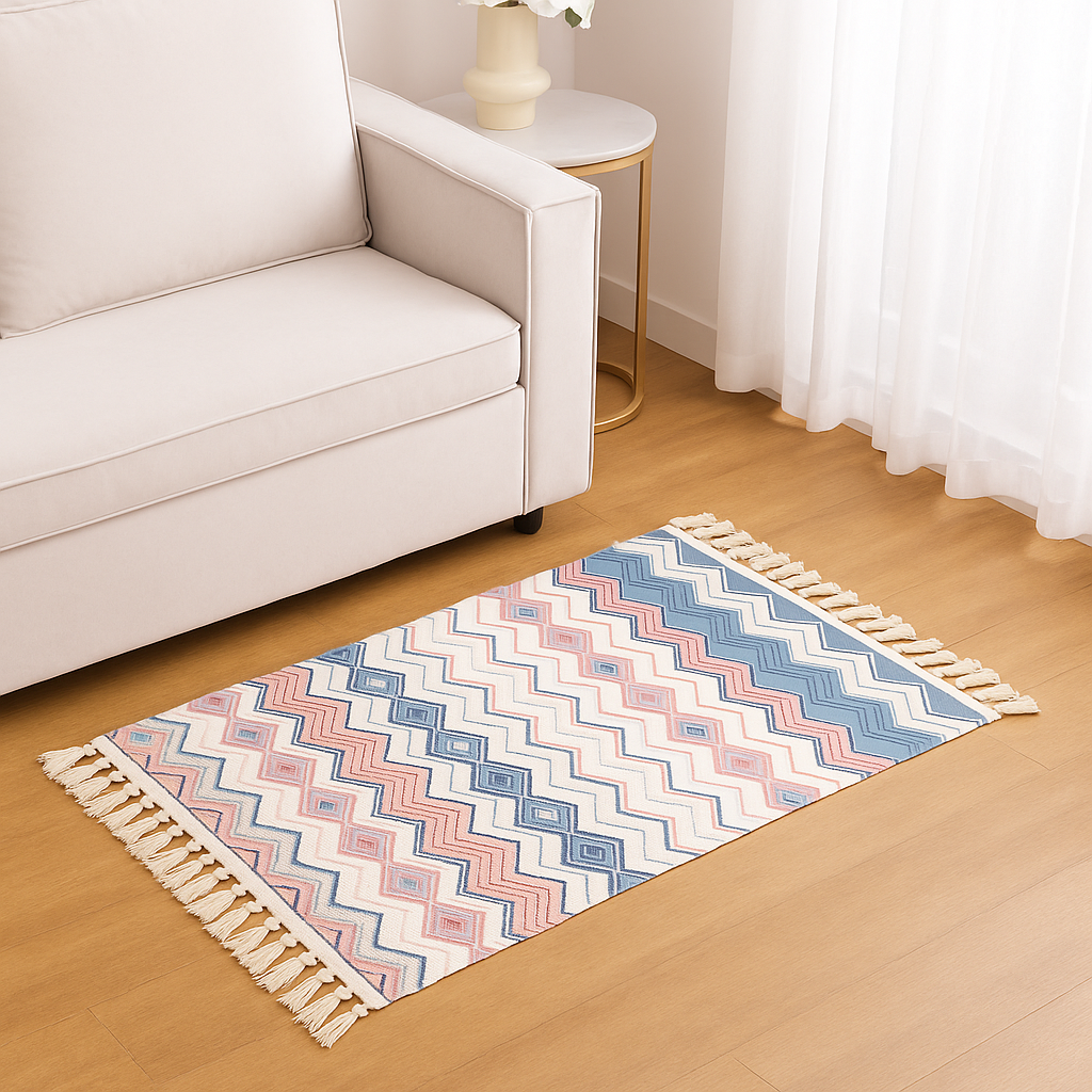 Bajada De Cama 60x90 Cm De Lino Con Diseño Zigzag Pastel 737-2