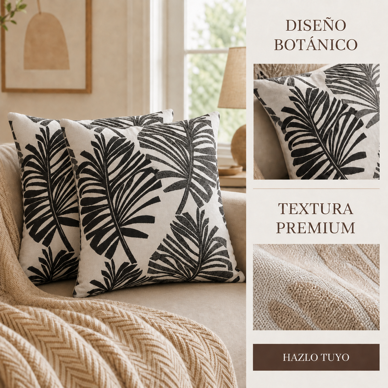 Fundas para cojin Elengantes Desing Hojas Negro - Pack 2 828 Alta Durabilidad-8