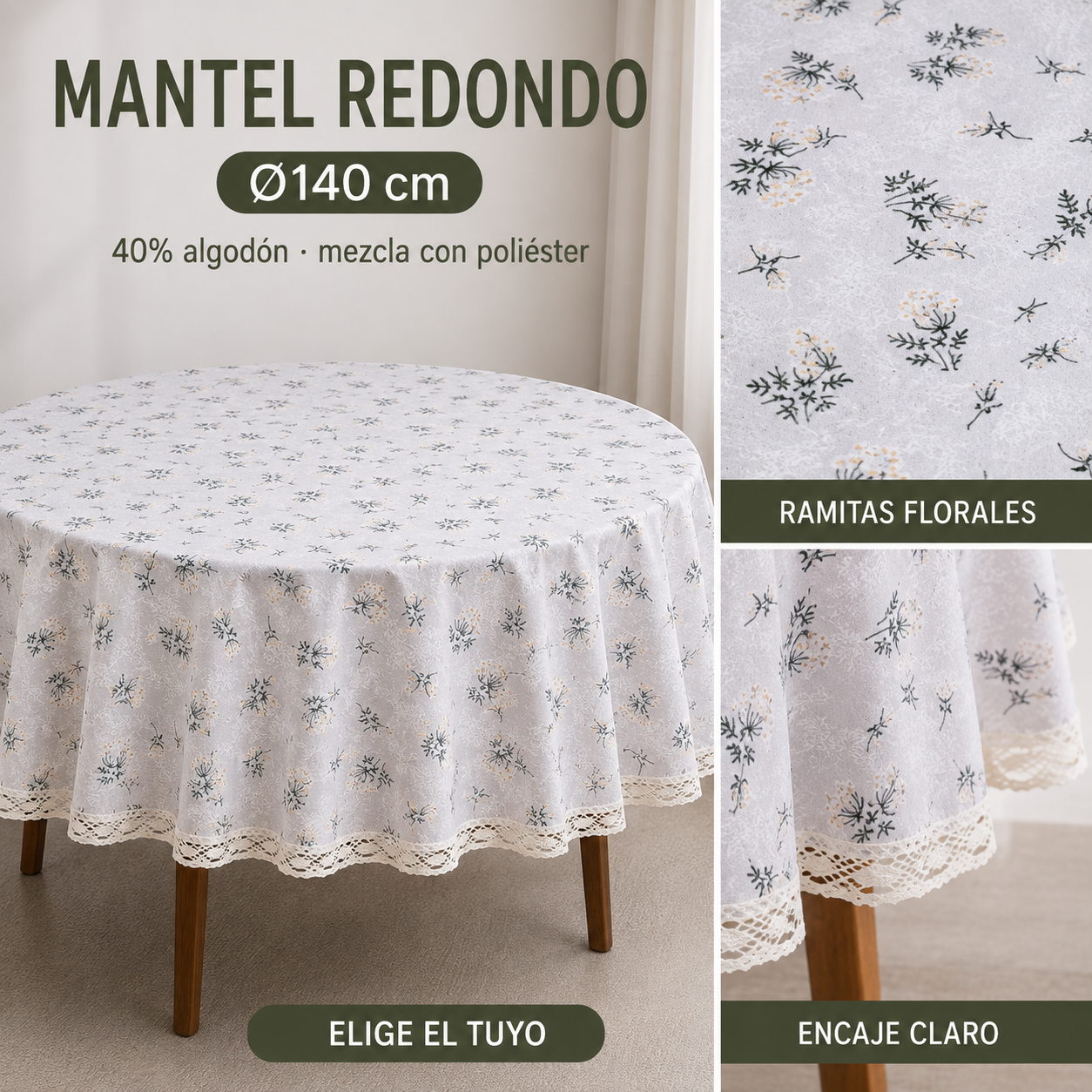 Mantel para Mesa Redonda Gris con Flores y Encaje 863-0