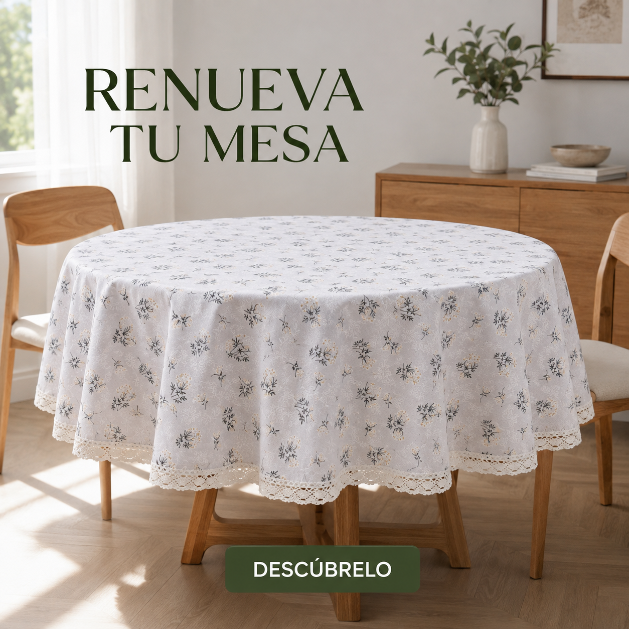 Mantel para Mesa Redonda Gris con Flores y Encaje 863-1