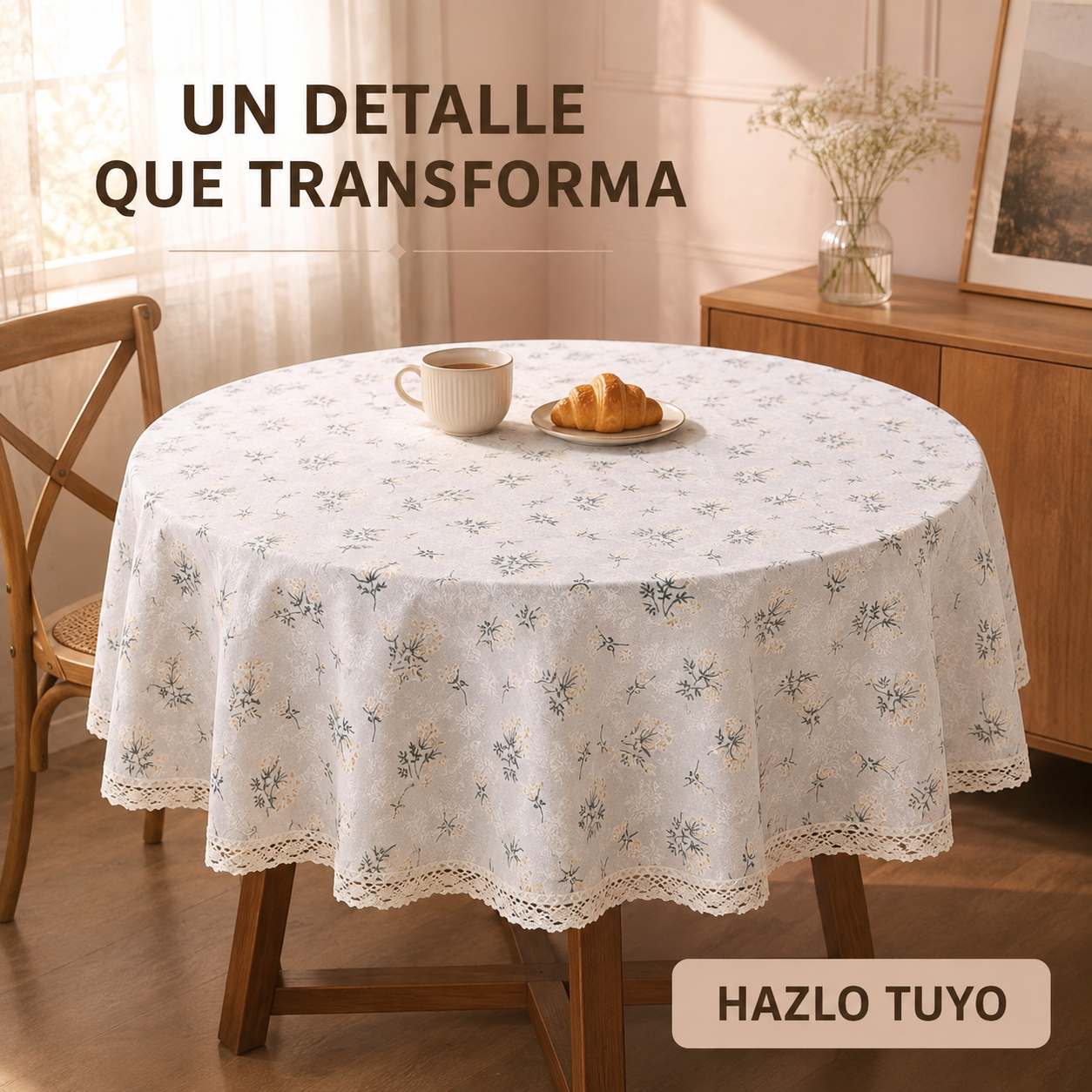 Mantel para Mesa Redonda Gris con Flores y Encaje 863-2