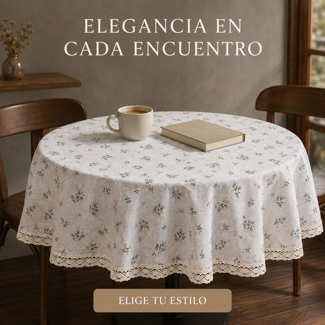 Mantel para Mesa Redonda Gris con Flores y Encaje 863-3