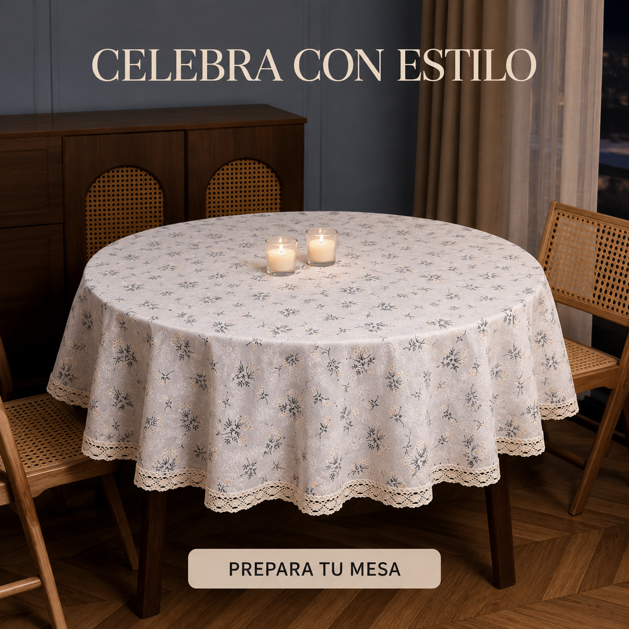 Mantel para Mesa Redonda Gris con Flores y Encaje 863-5