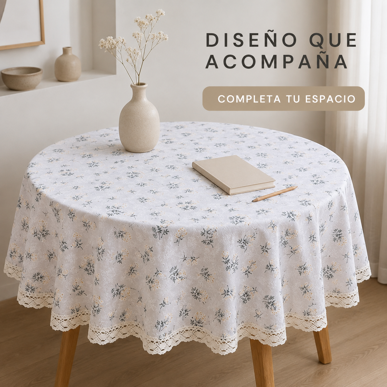 Mantel para Mesa Redonda Gris con Flores y Encaje 863-6