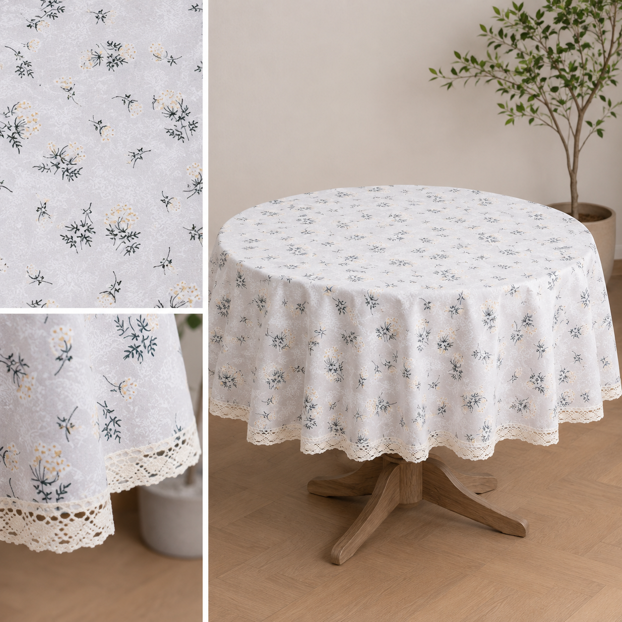 Mantel para Mesa Redonda Gris con Flores y Encaje 863-7
