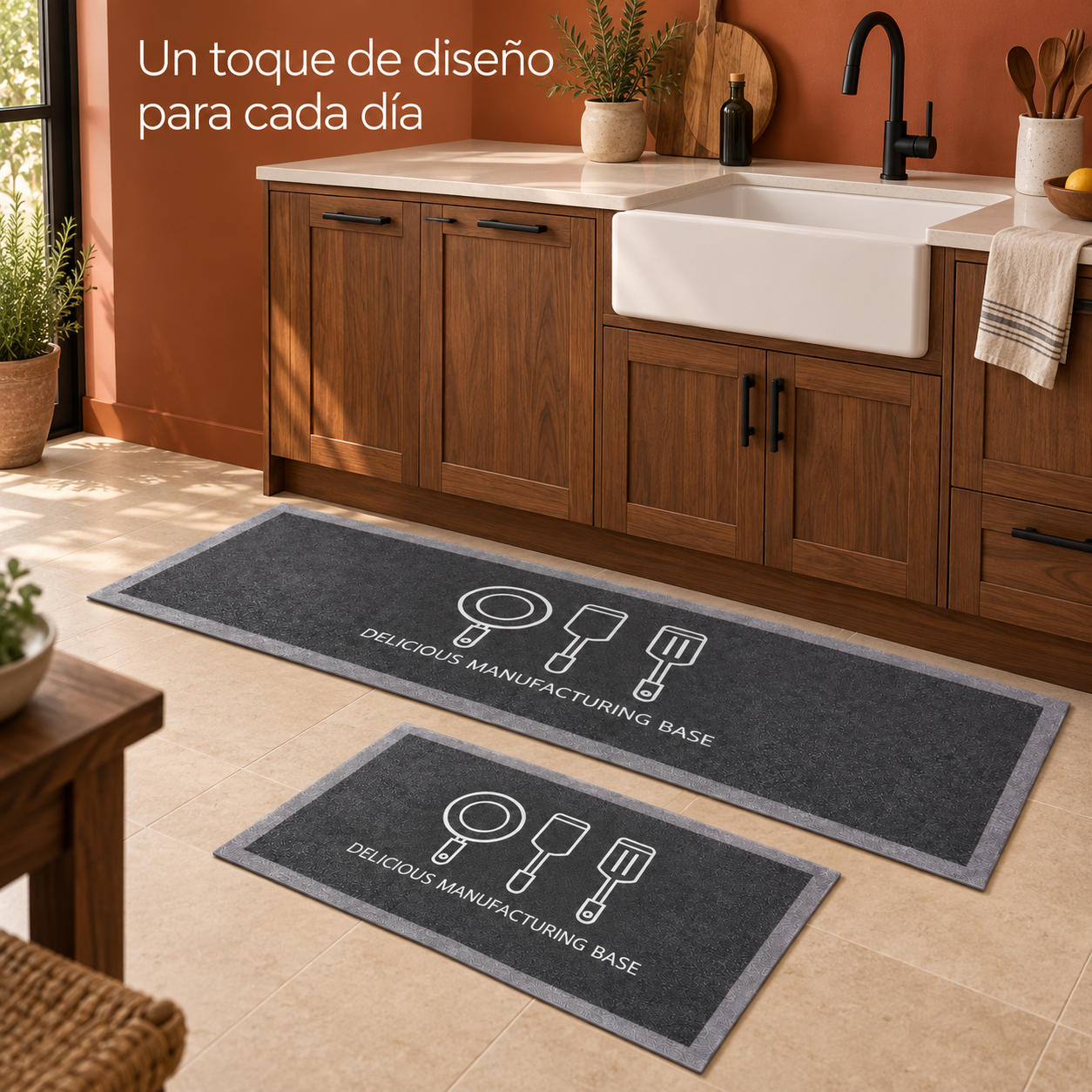 Set 2 Alfombras de Cocina Armonia Gris Oscuro Diseño Utensilio 270-5