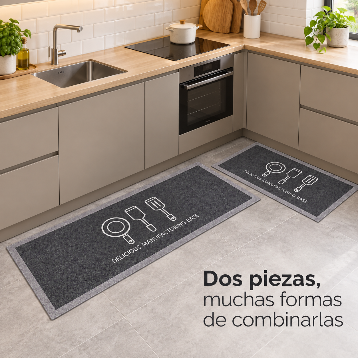 Set 2 Alfombras de Cocina Armonia Gris Oscuro Diseño Utensilio 270-6