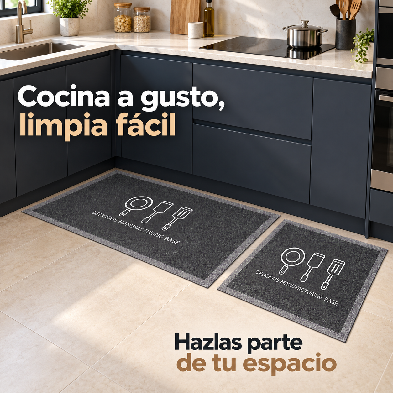 Set 2 Alfombras de Cocina Armonia Gris Oscuro Diseño Utensilio 270-7