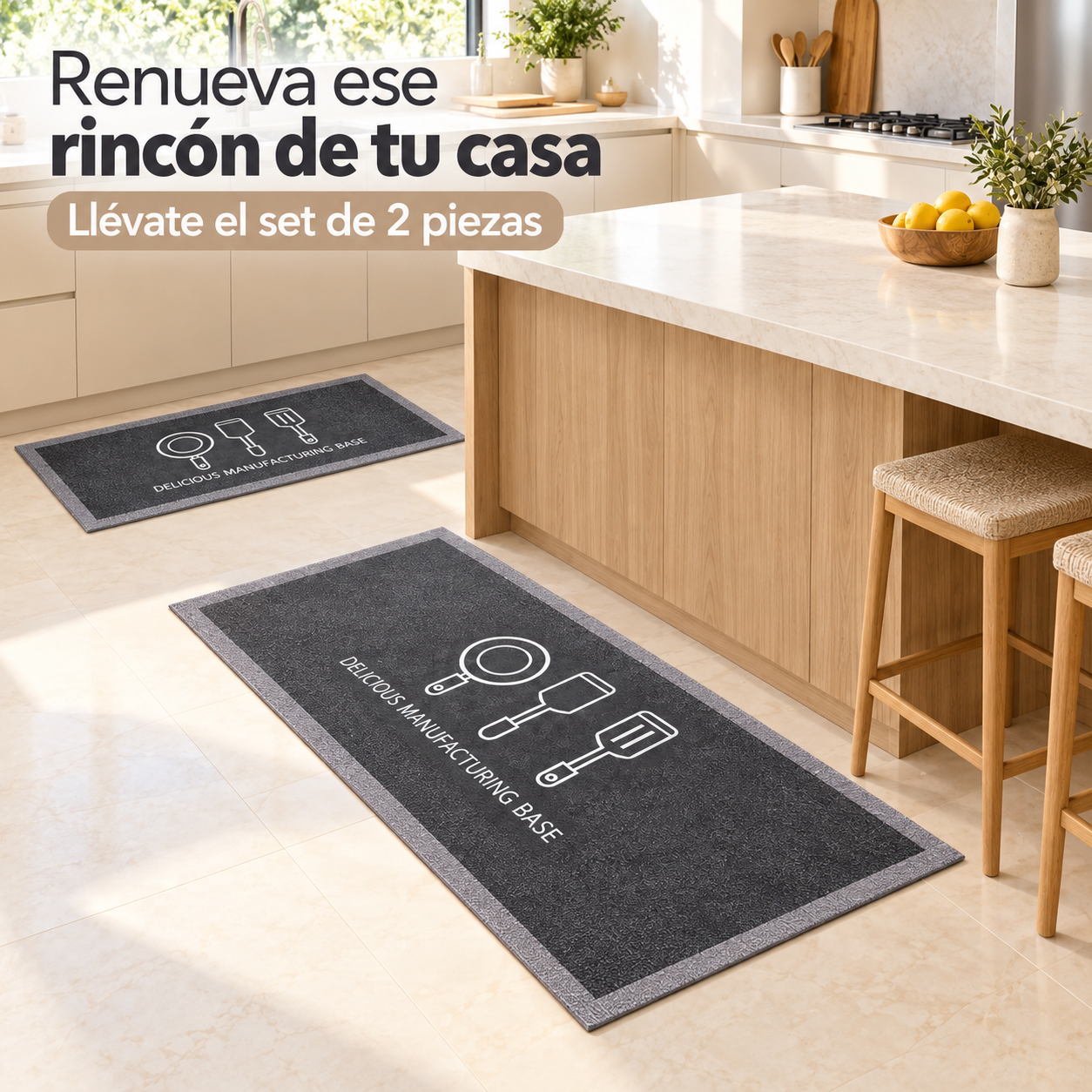 Set 2 Alfombras de Cocina Armonia Gris Oscuro Diseño Utensilio 270-8