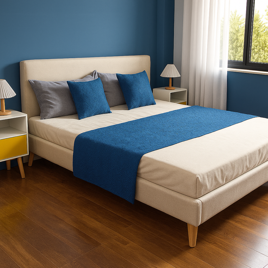 Juego Piecera + 2 Fundas de Cojin Azul para Dormitorio Moderno -3