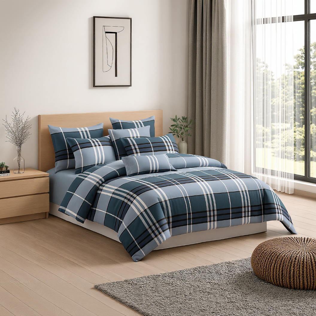 Sábanas King Azul | 800 Hilos Estilo Cuadros Chic - 822-2