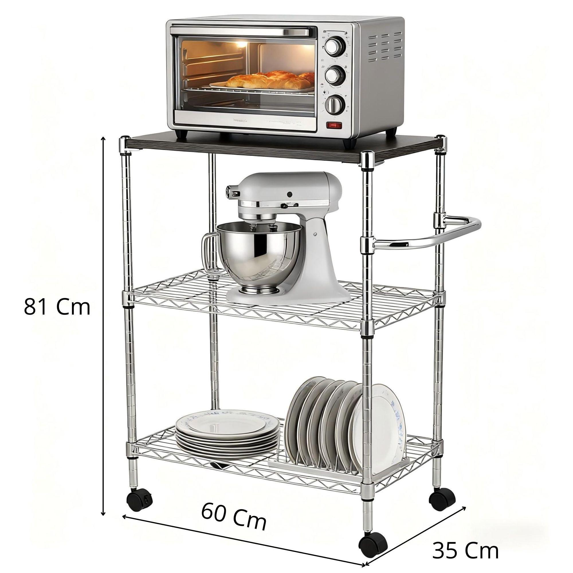 Carro de Cocina Cromado de 3 Niveles con Cubierta de Madera-2