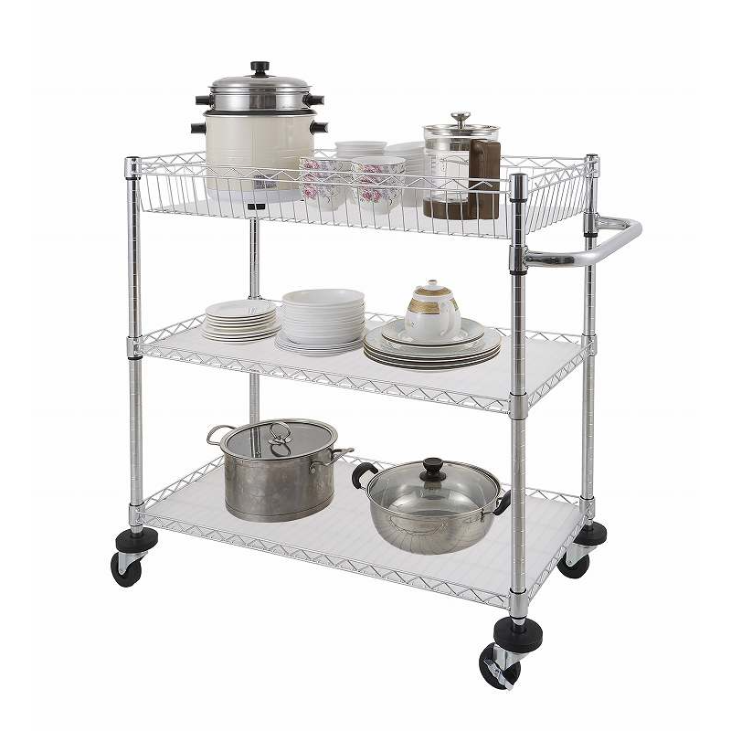 Carro Cromado de 3 Niveles con Canasto y Ruedas-2