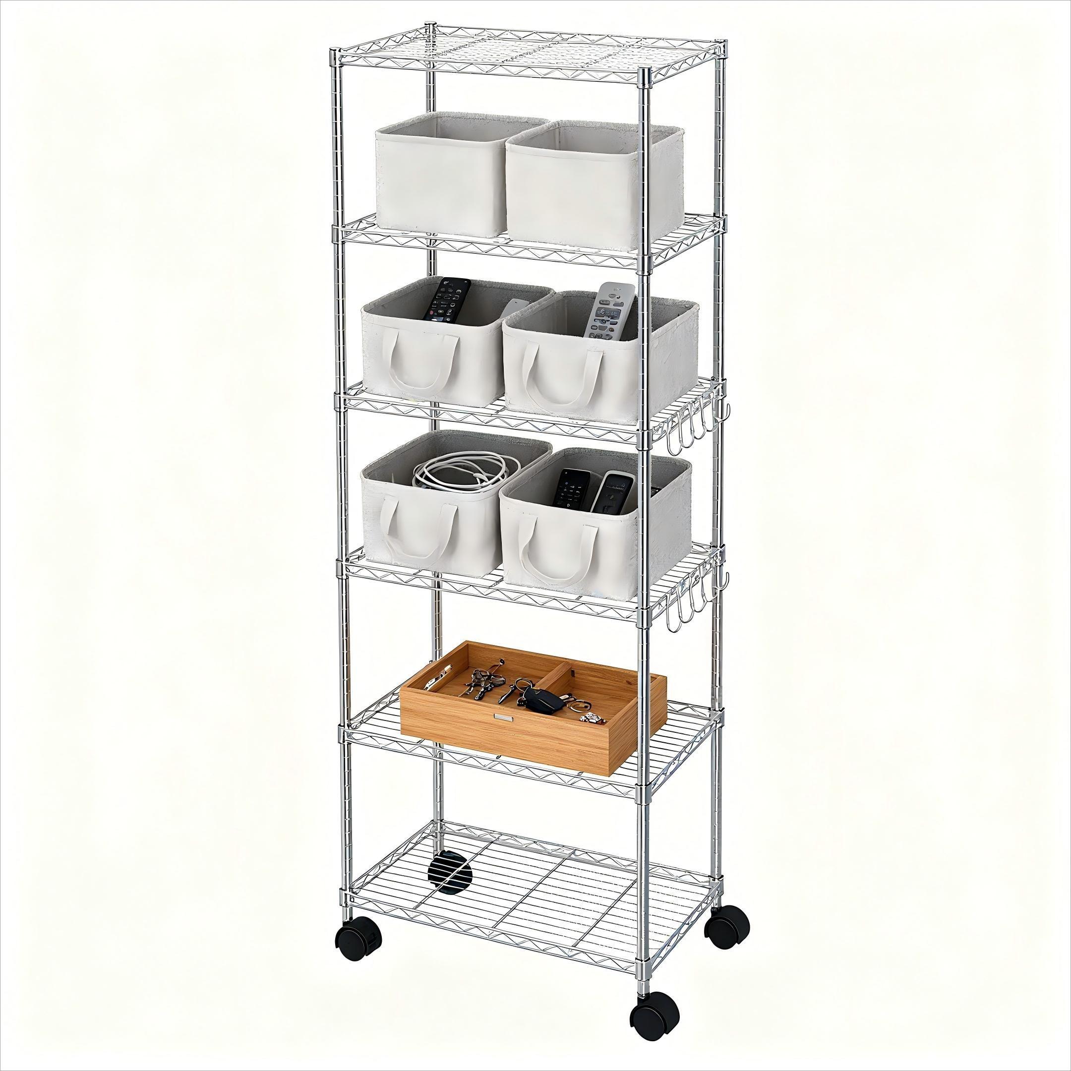 Estantería Cromada de 6 Niveles con Ruedas y Ganchos-2