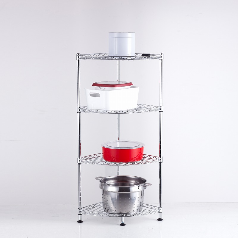 Estantería Esquinera Cromada de 4 Niveles con Rejilla Metálica-4