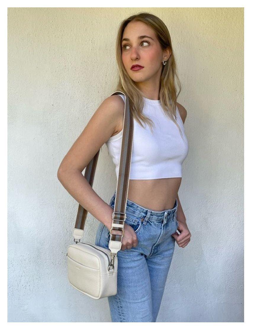 Bandolera, Cartera Cuero Sintético, Crossbody con Strap Rayado.-2