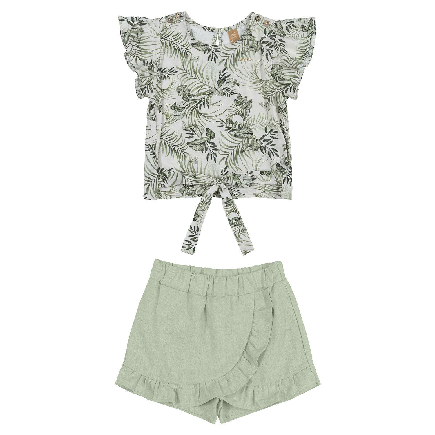 Conjunto Polera Hojas y Falda Pantalon Lino Verde Oliva Up Baby-0