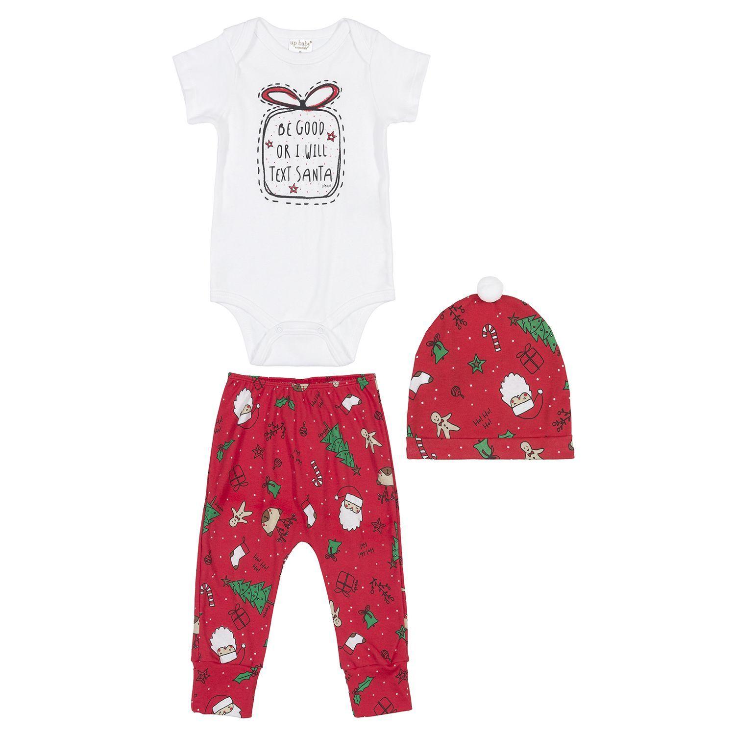 Conjunto 3 Piezas Santa Viejito Pascuero Unisex Body, Pantalones y Gorro Rojo y Blanco Up Baby-0