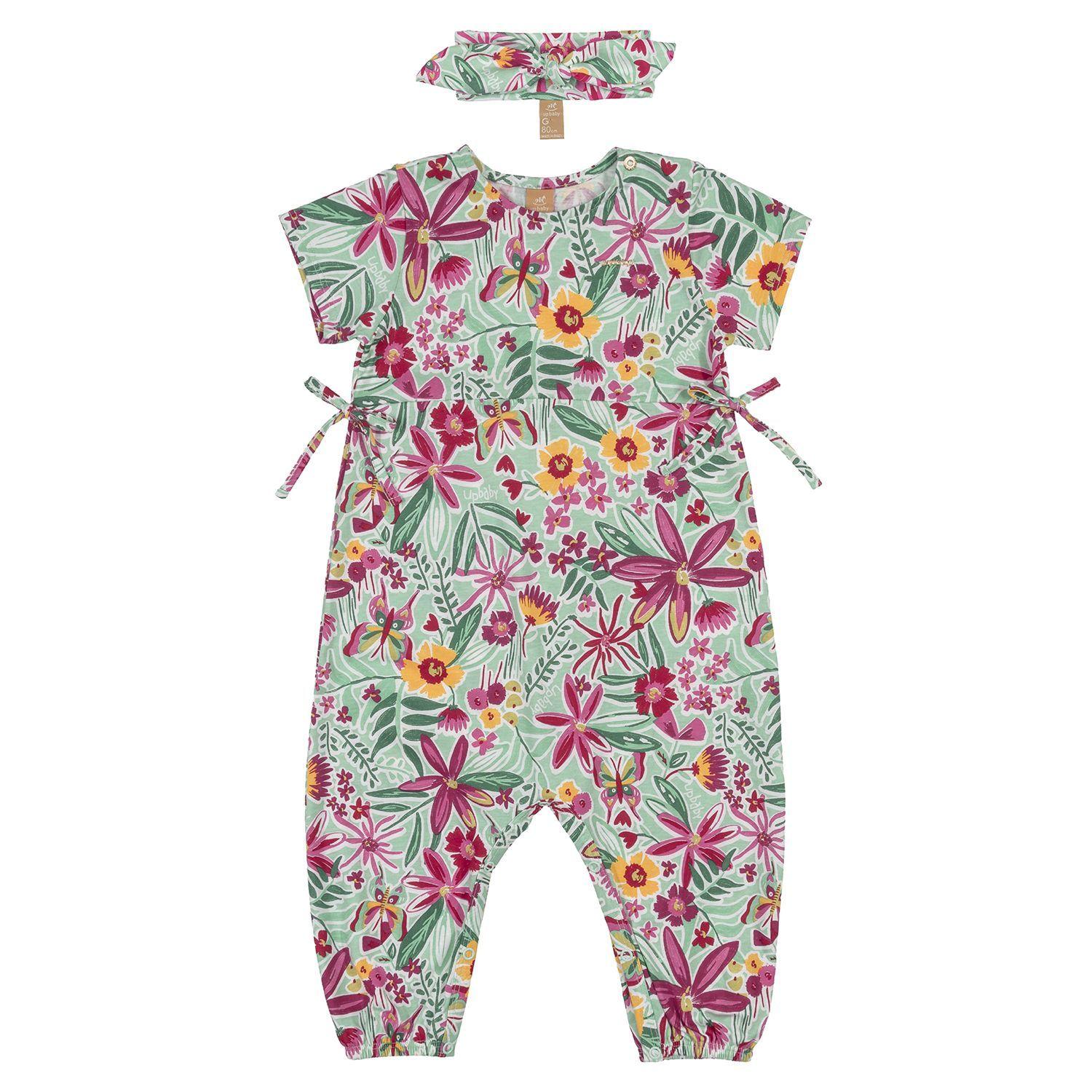 Enterito Floral y Cintillo Multicolor Verde y Fucsia Up Baby-0