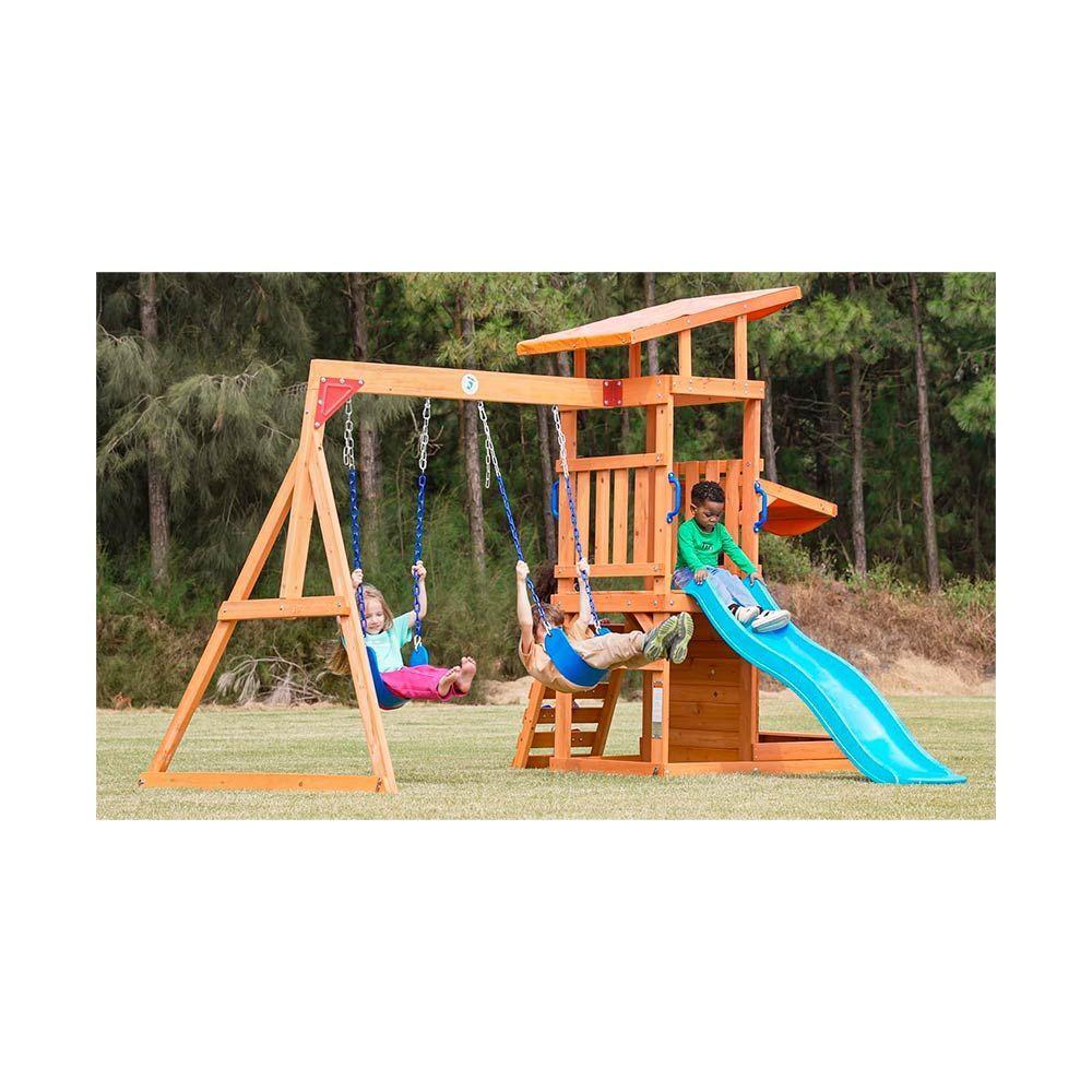 Juego de columpios de madera para exterior con tobogán-0