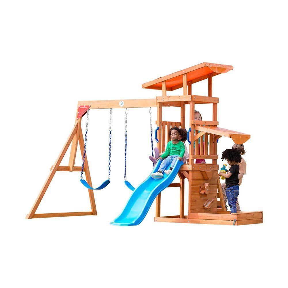 Juego de columpios de madera para exterior con tobogán-1