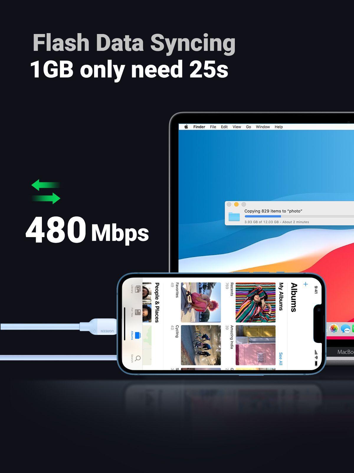 Cable USB-C iPhone 1mt Certificado Celeste Ugreen-5