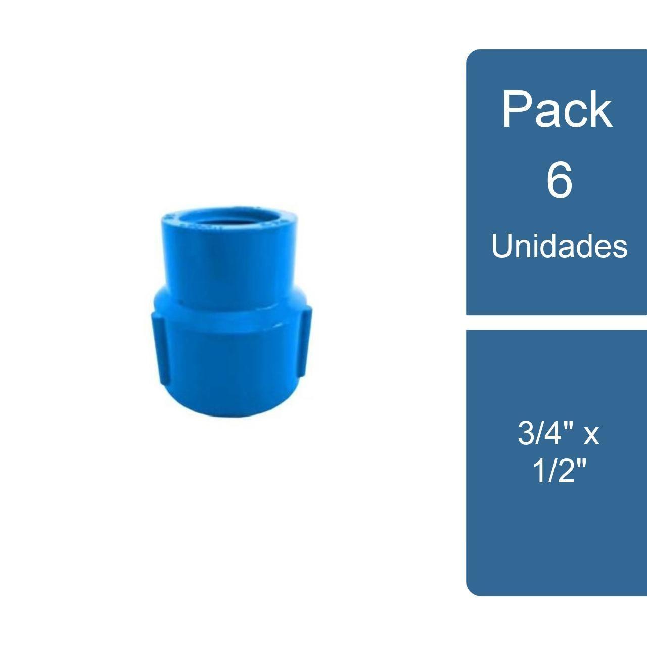 Pack 6 Copla Reducción PVC Hidráulico HI-HI 3/4" x 1/2" PVC-0