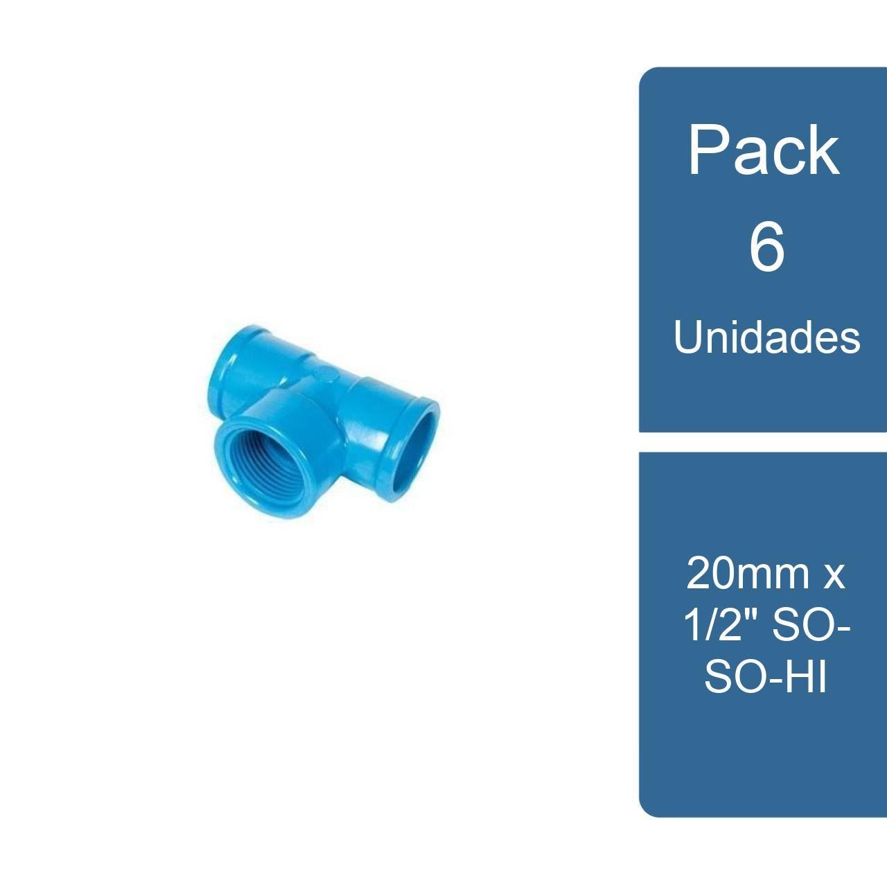 Pack 6 Tee PVC Hidráulico 20mm x 1/2" SO-SO-HI PVC-0