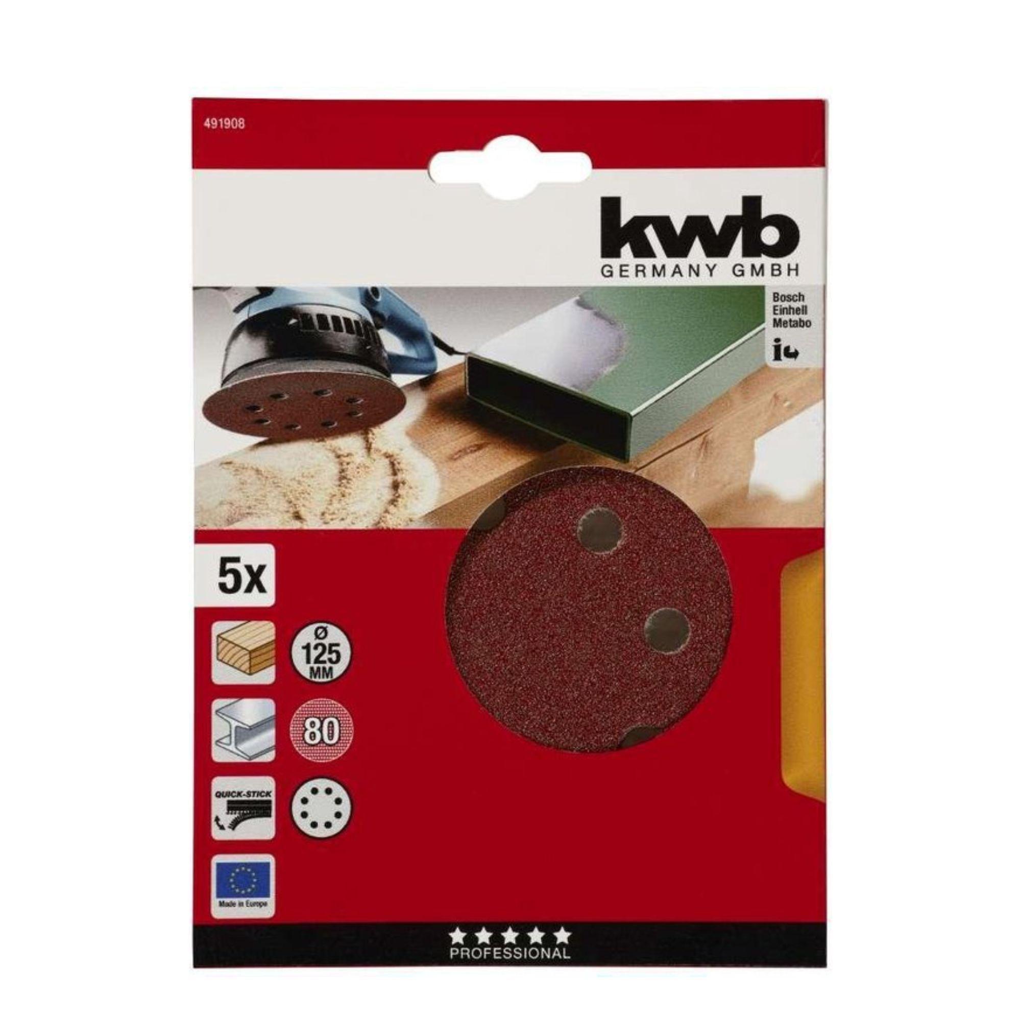 Discos Lijas Velcro 8 Perforaciones 5" / 125mm Grano 80 5un - KWB-0