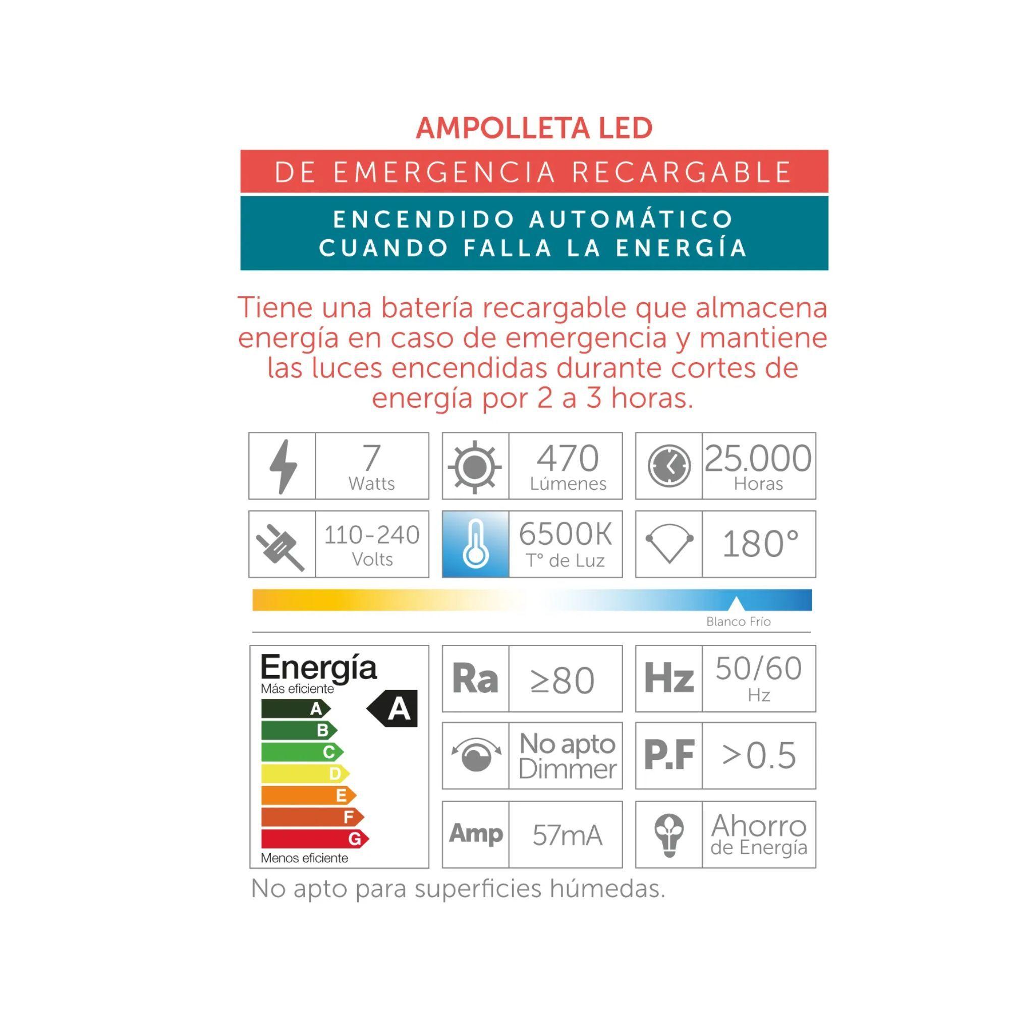 Ampolleta Led de emergencia E27 luz fría 6500K con batería 7W - Macrotel-2