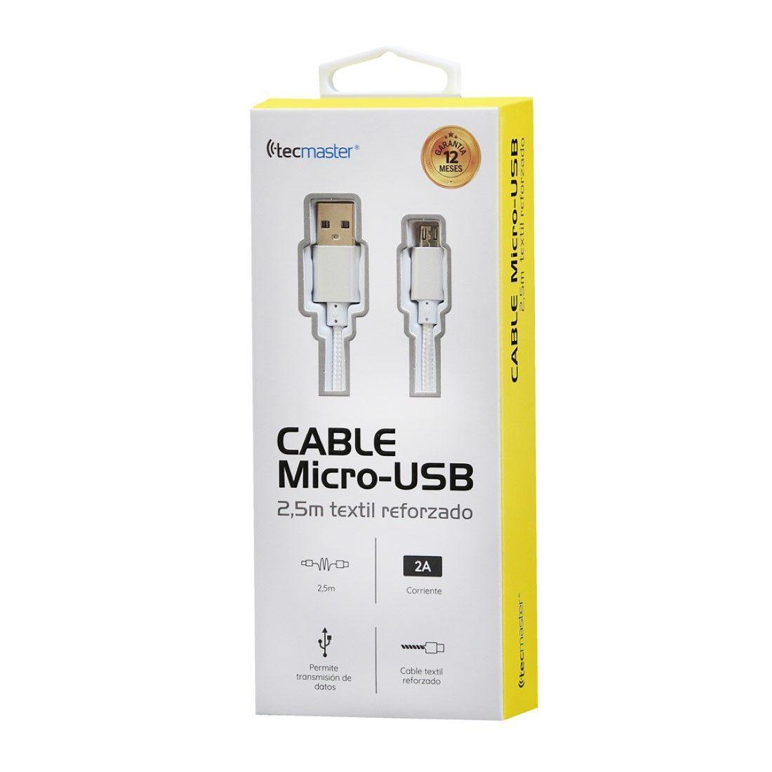 Cable USB A a Micro USB textil plateado 2.5mts Tecmaster-0