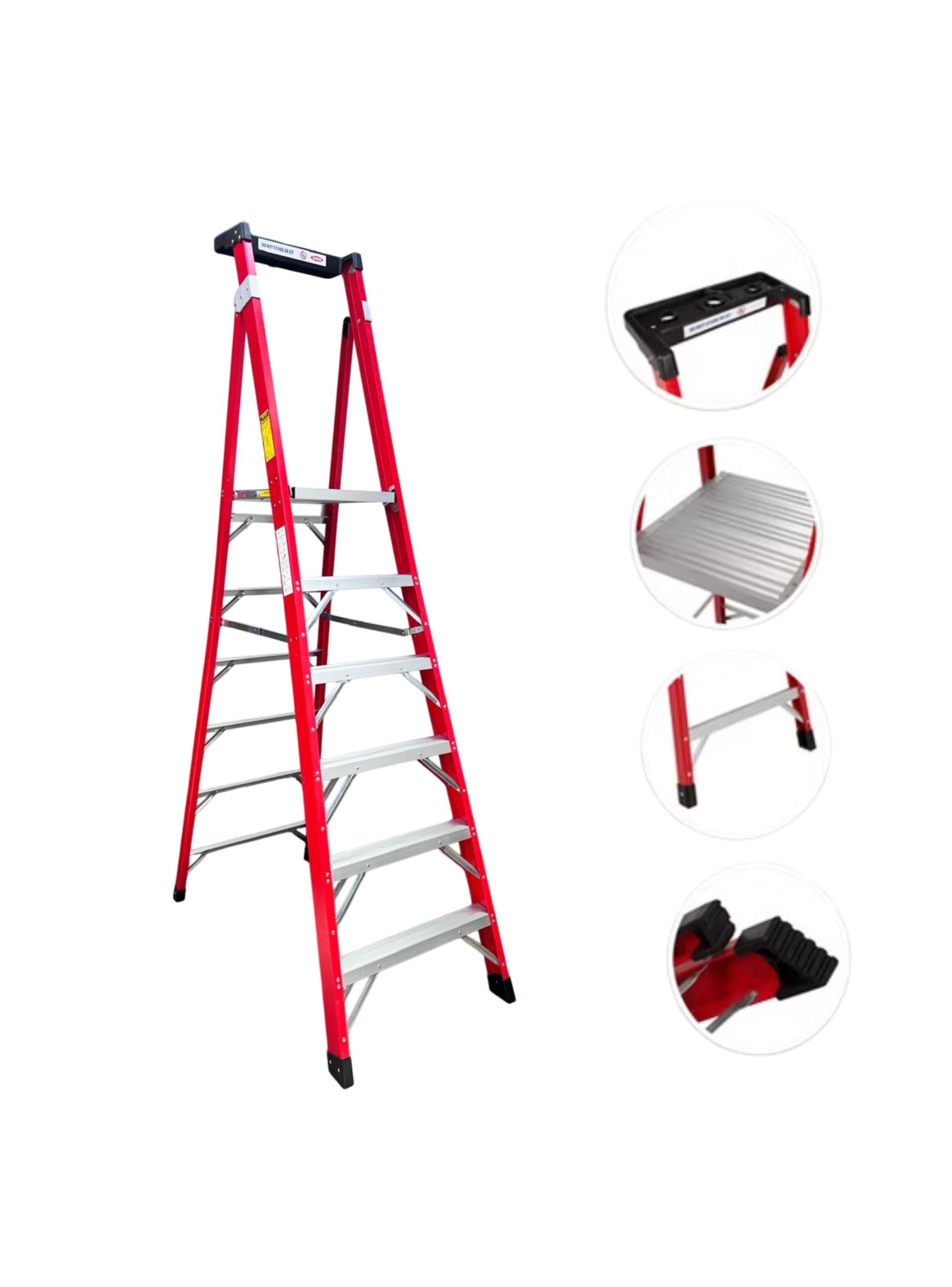 Escalera Tipo Tijera de Fibra / Aluminio con plataforma Certificada 6 peldaños - Toolmax-1