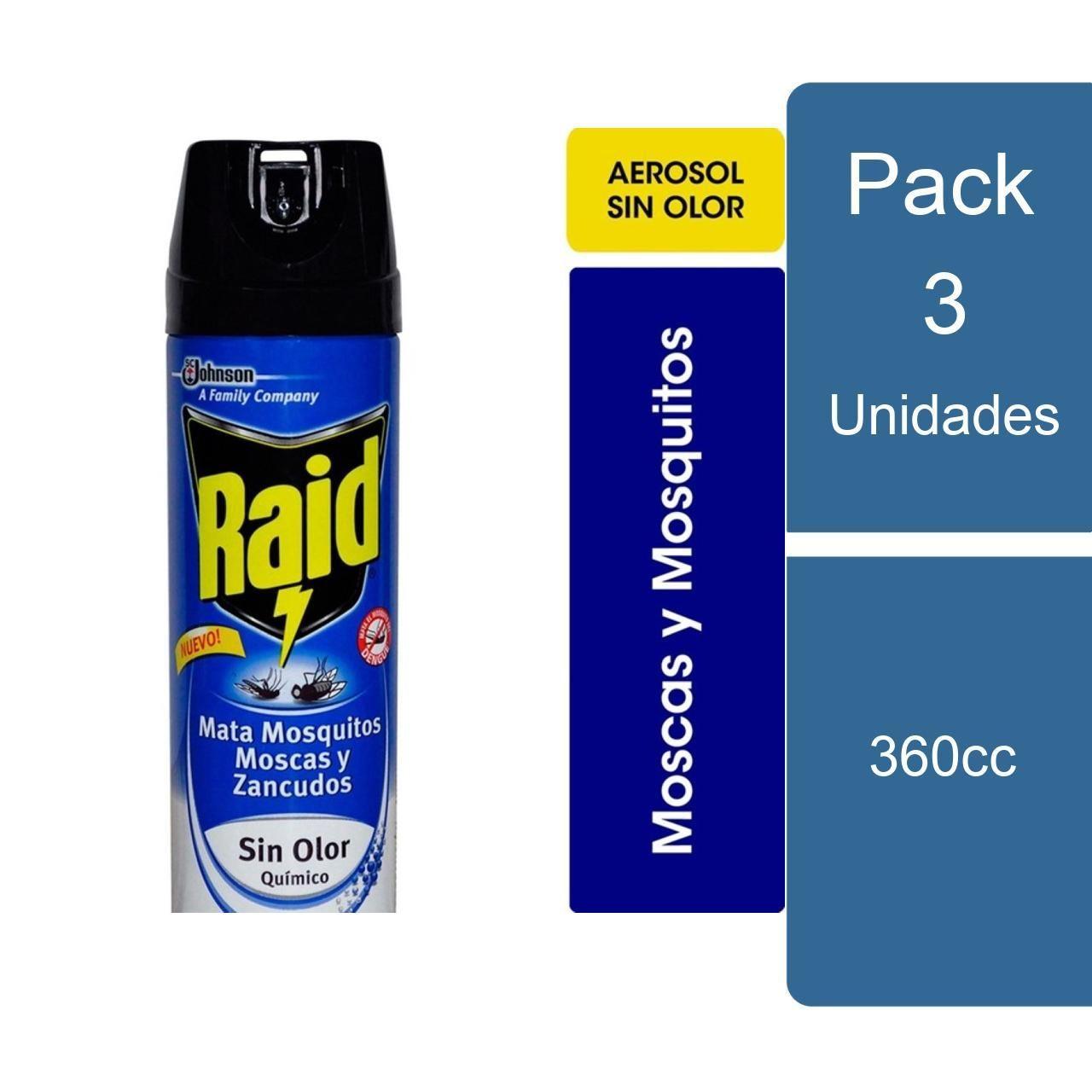 Pack 3 Insecticida Mata Moscas Mosquitos sin olor 360cc Raid-0