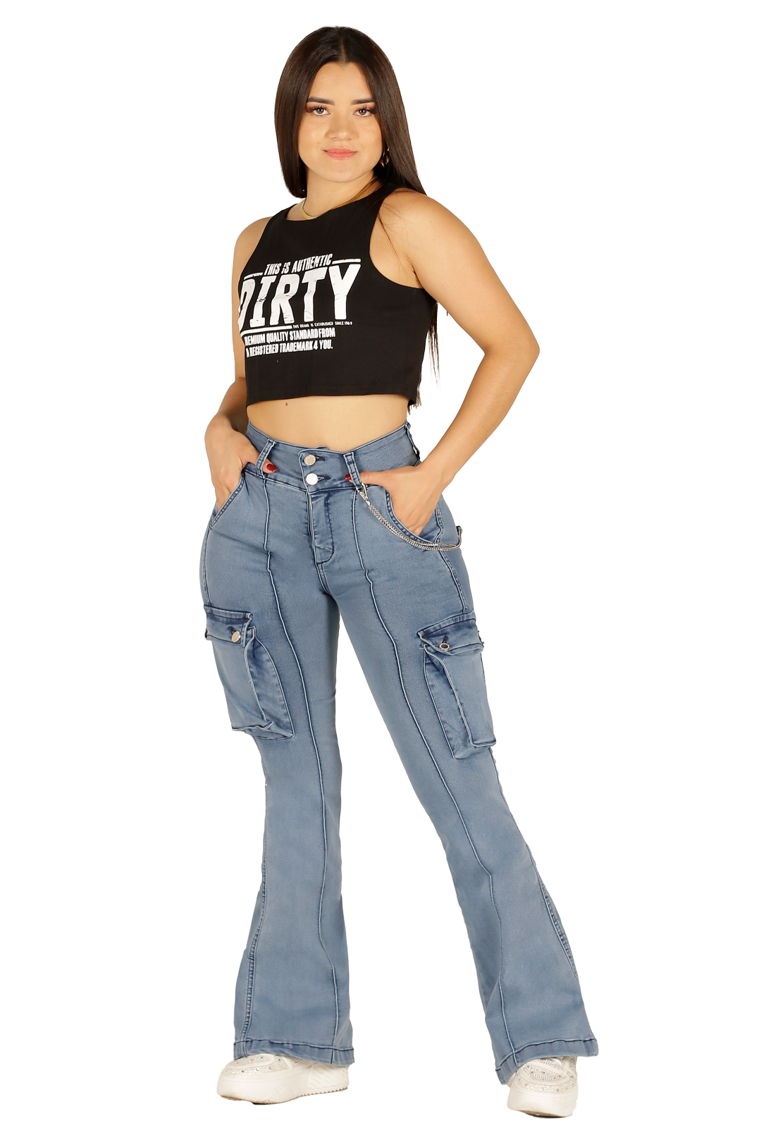 Jeans Cargo Celeste dos Botones Mujer-0