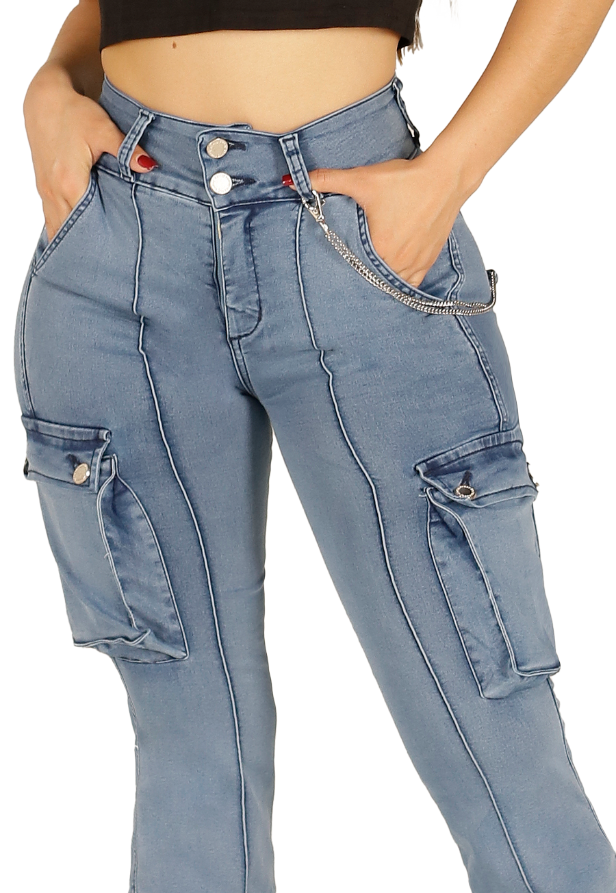 Jeans Cargo Celeste dos Botones Mujer-2