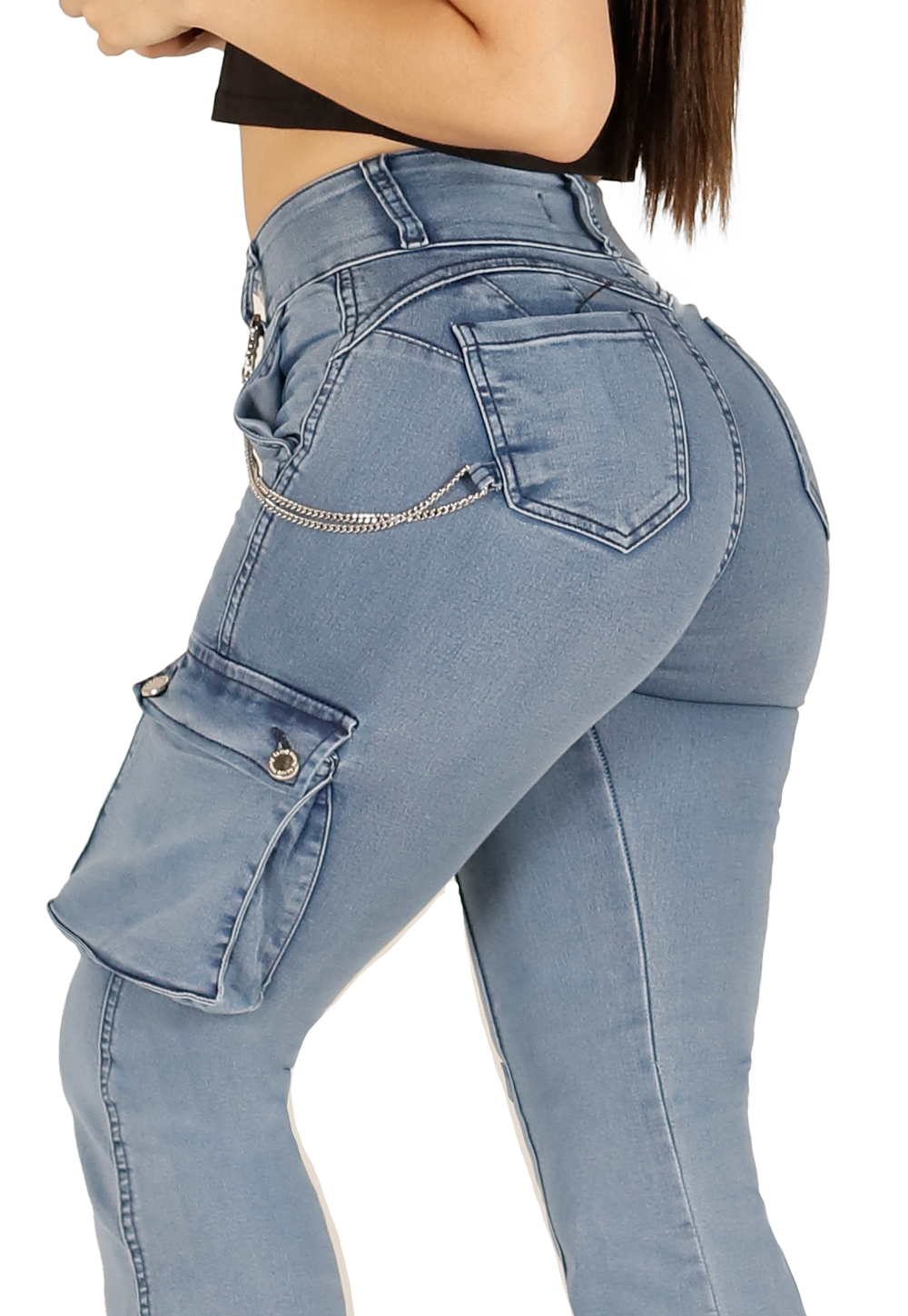 Jeans Cargo Celeste dos Botones Mujer-3