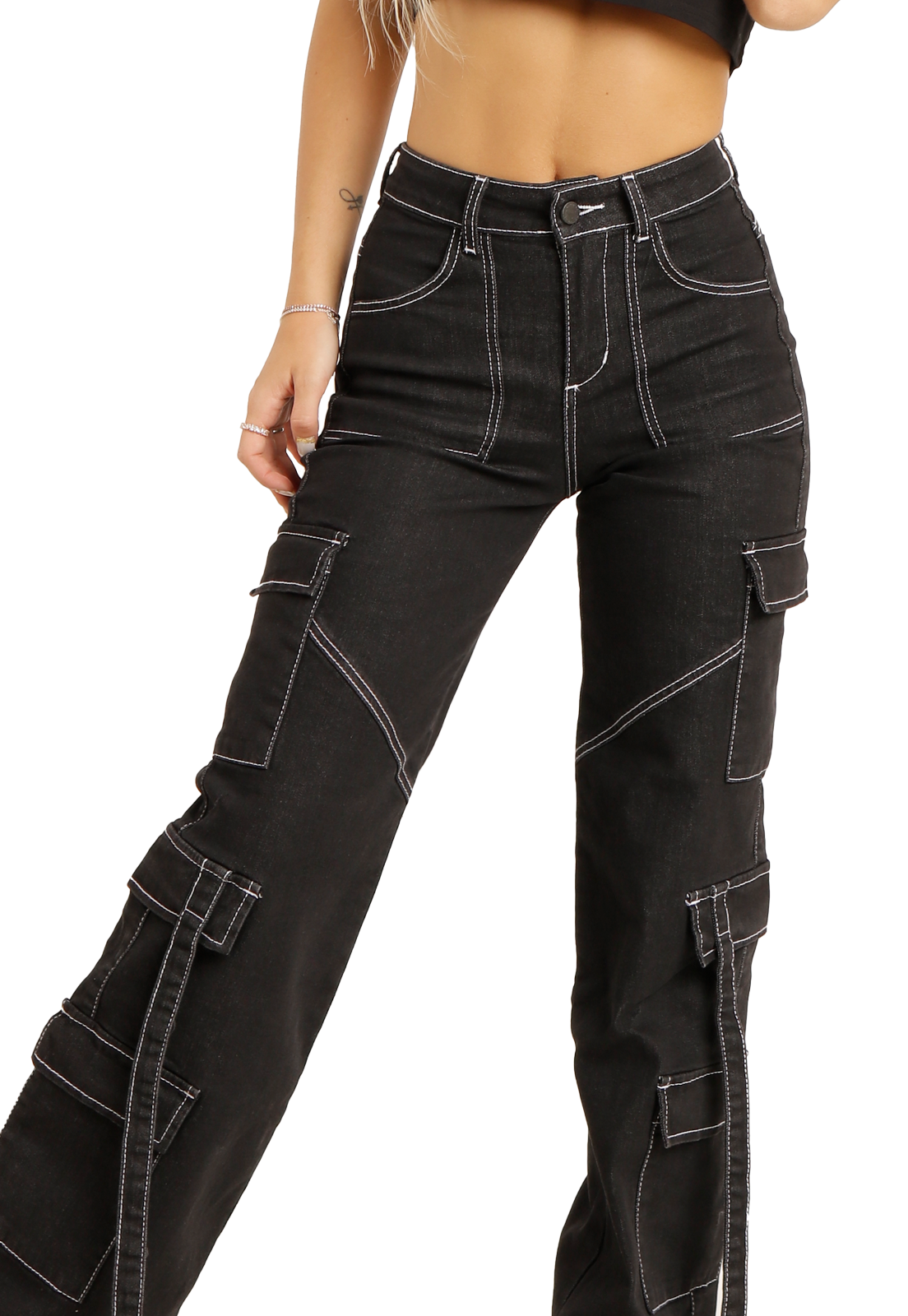 Jeans Cargo de triple bolsillos Negro Mujer-2