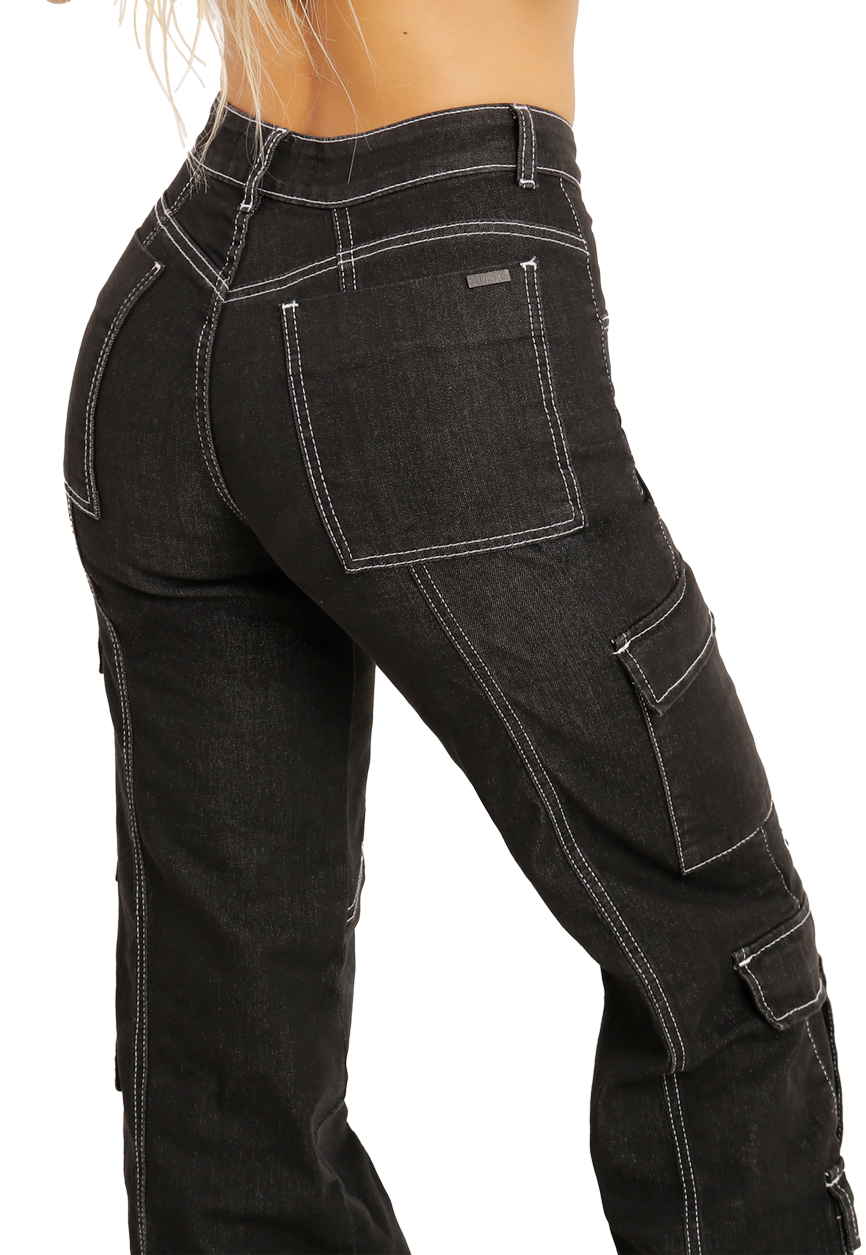 Jeans Cargo de triple bolsillos Negro Mujer-3
