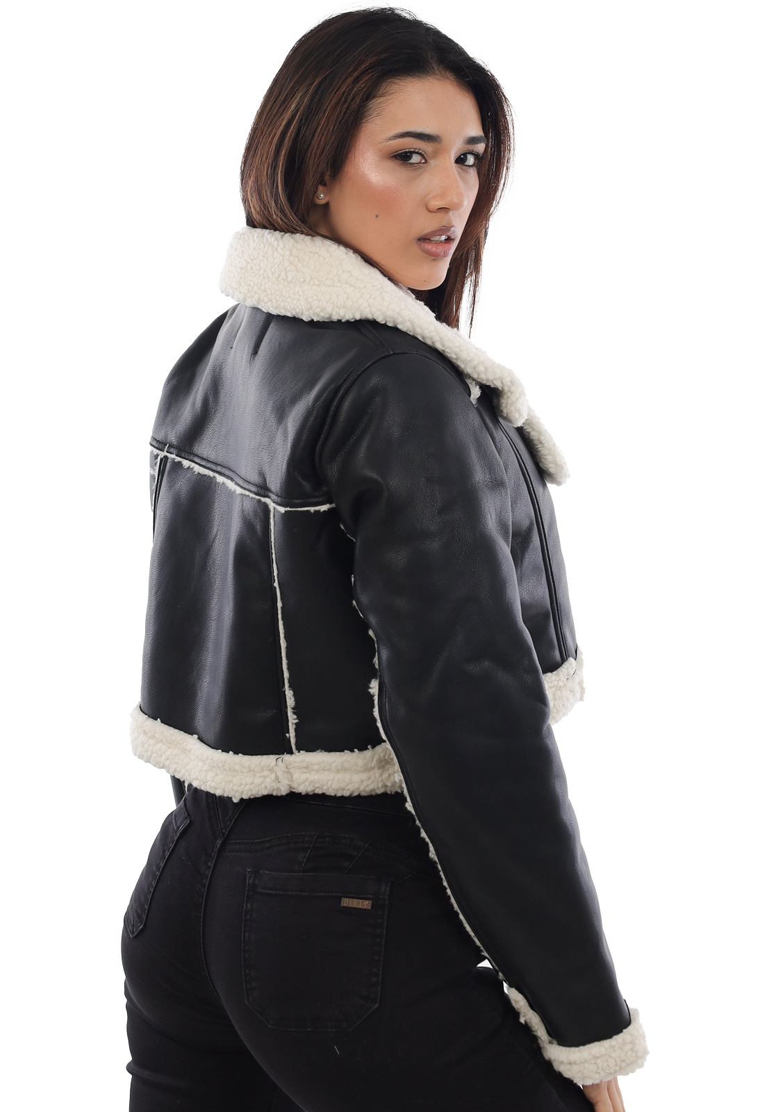 CHAQUETA MUJER ECO CUERO Y CHIPORRO CH3603N-1