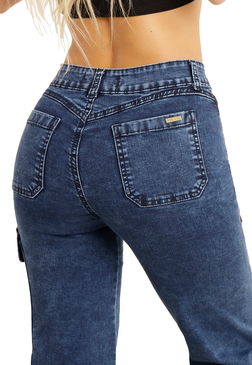 Jeans Cargo con doble bolsillo con cierre Azul Mujer-3