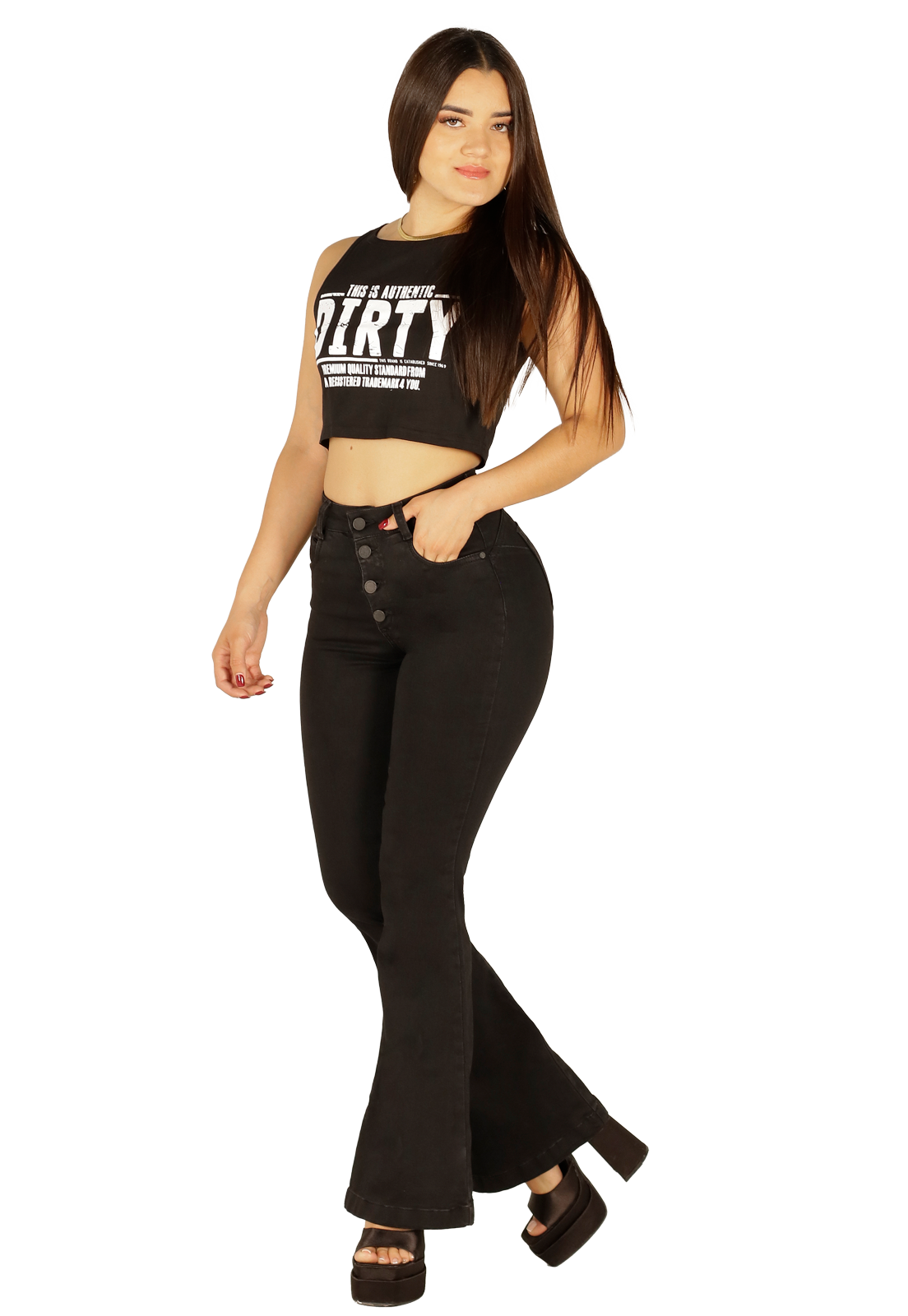 Jeans Flare Negro de Botones Mujer-0