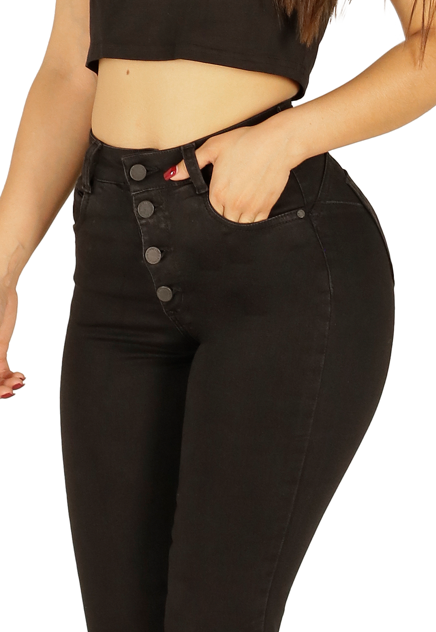 Jeans Flare Negro de Botones Mujer-2