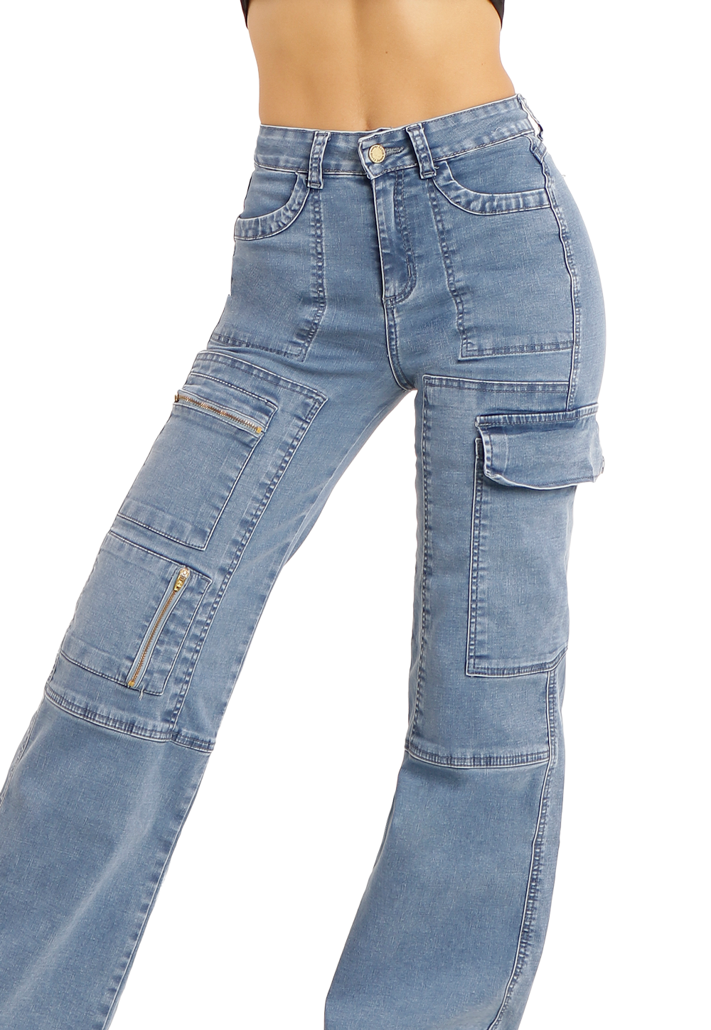 Jeans Cargo con cierre en los bolsillos Celeste Mujer-2