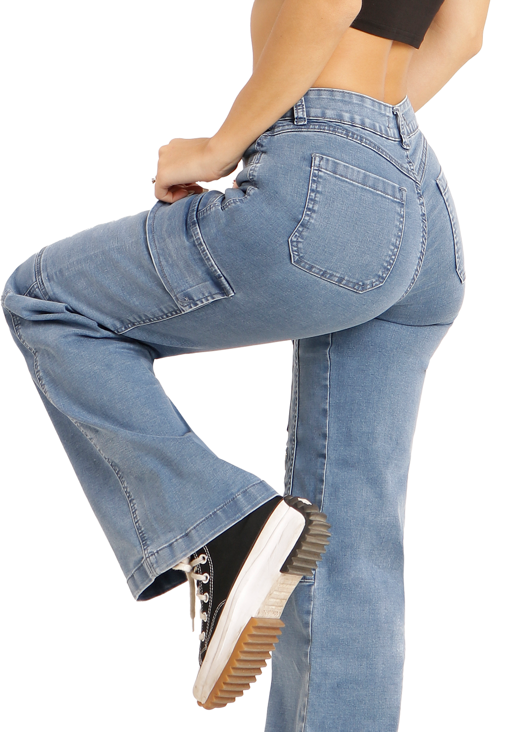 Jeans Cargo con cierre en los bolsillos Celeste Mujer-3