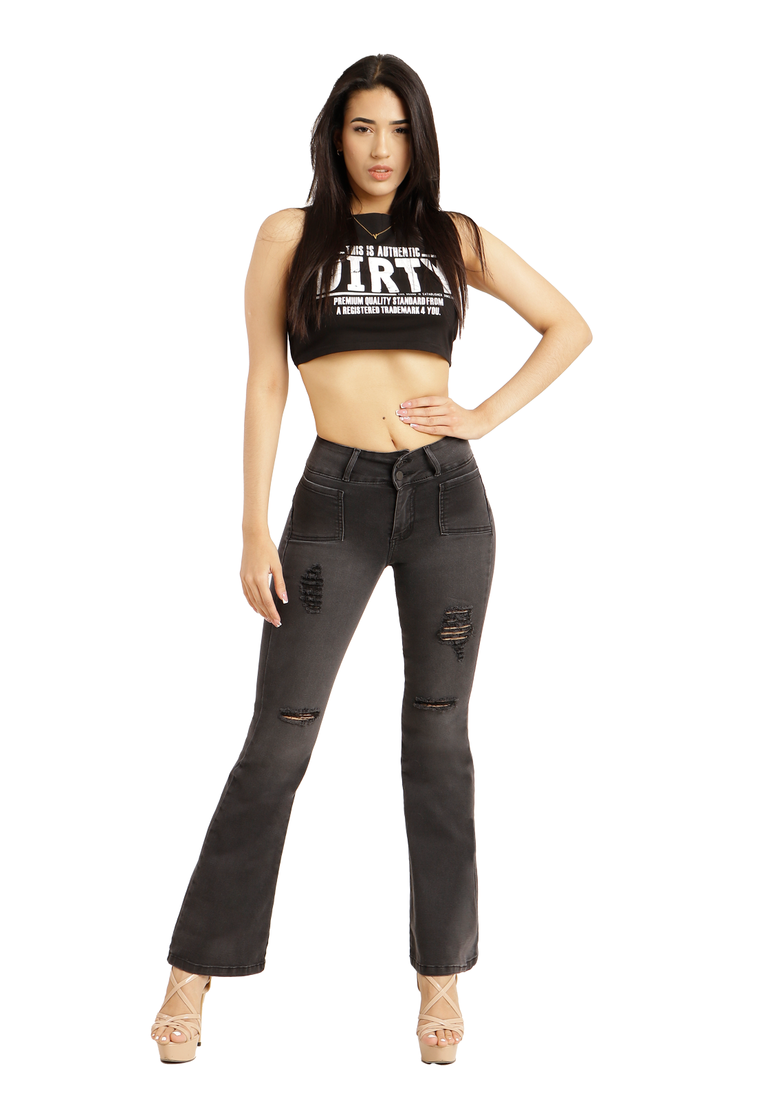 Jeans Flare de dos botones Negro Mujer-0