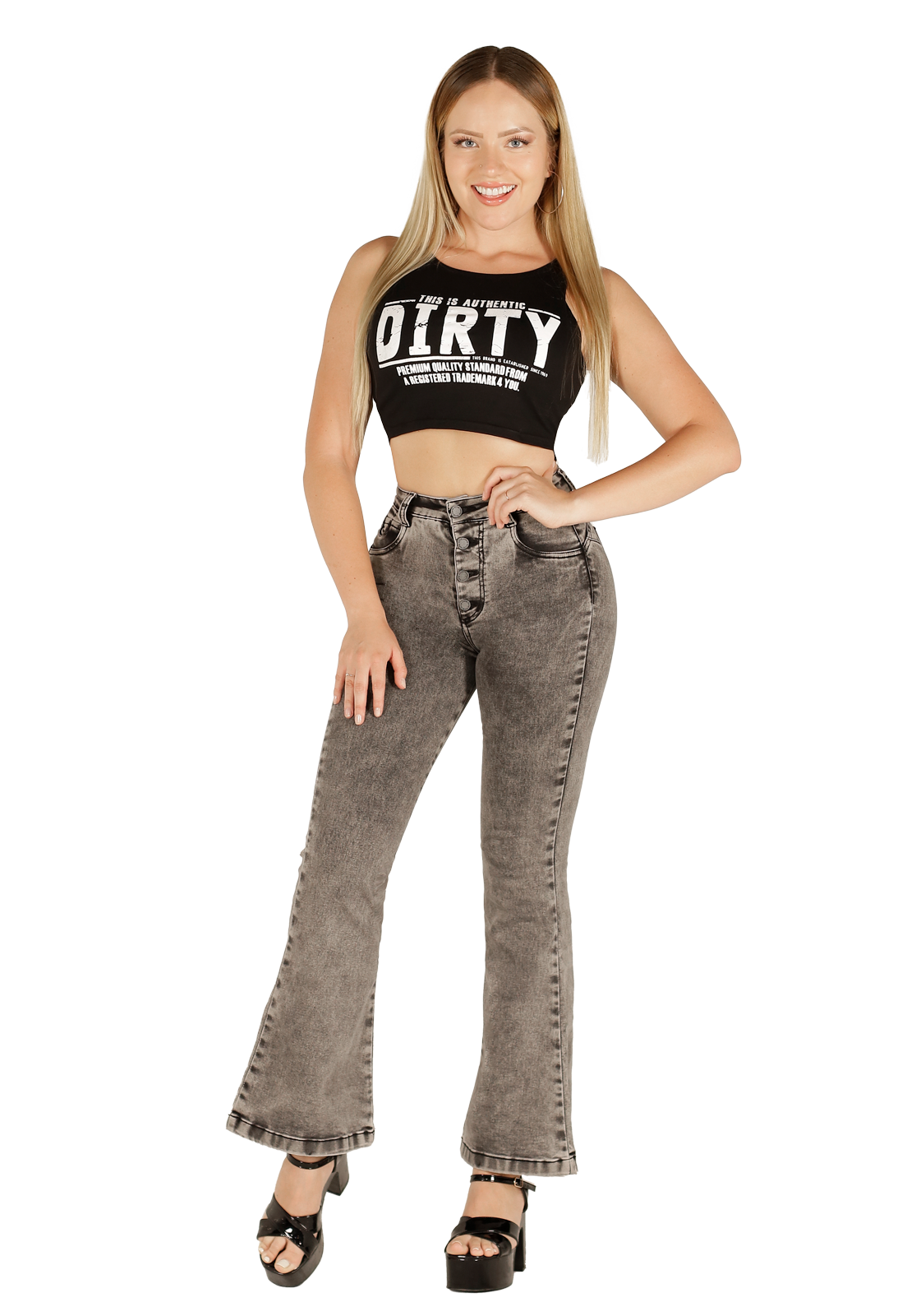 Jeans Flare Gris de Botones Mujer -0