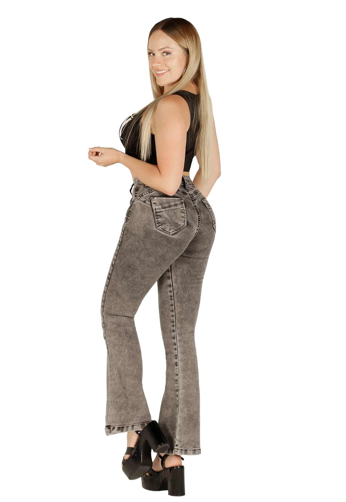 Jeans Flare Gris de Botones Mujer -1